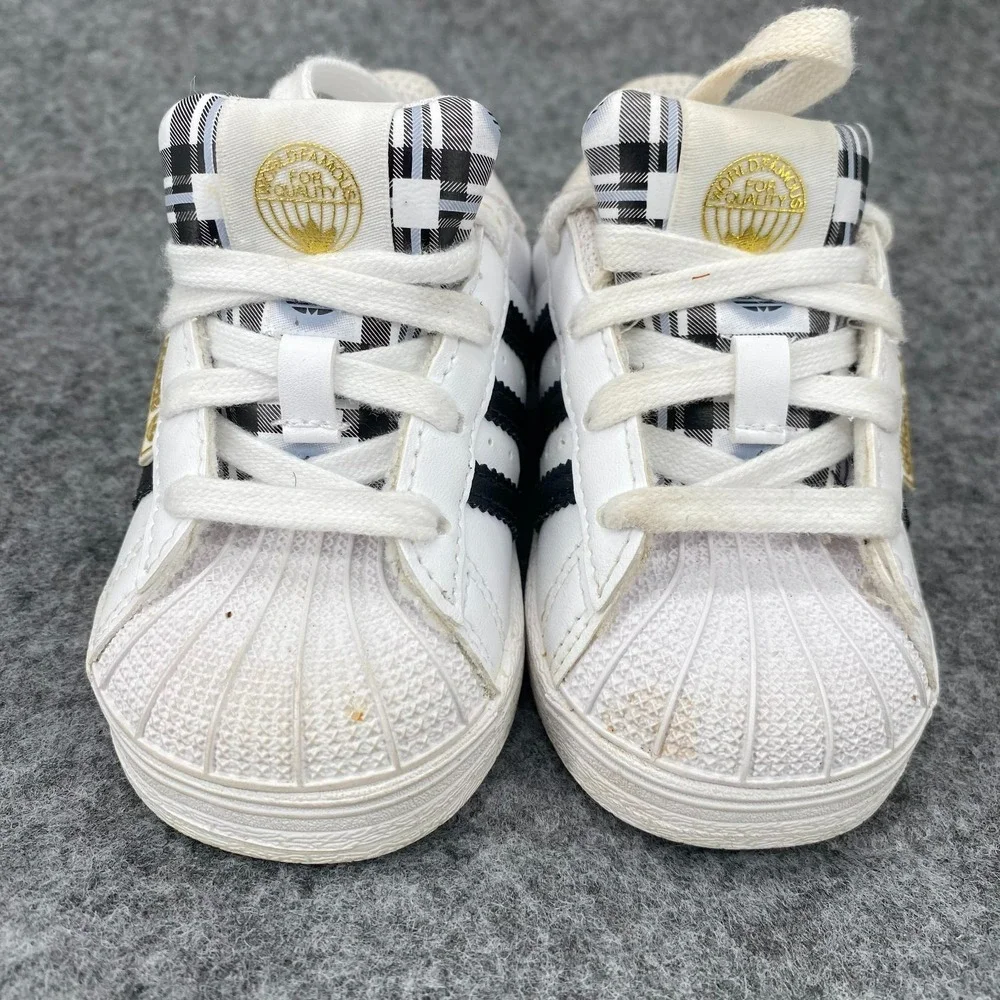 Adidas Infant Superstar White Black Sneaker Plaid Tongue Gold HP3260 5K